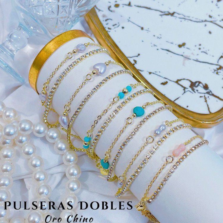 pulsera dobles con perla oro chino 7&