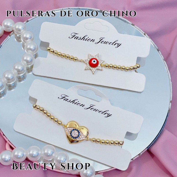 Pulsera balín con dije piedras ajustable oro chino (&12.5）