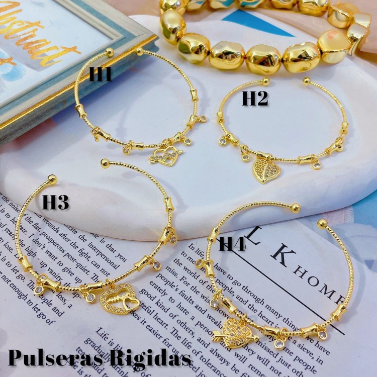 #H Pulseras Rígidas Con Dijes Oro Chino 18.5&